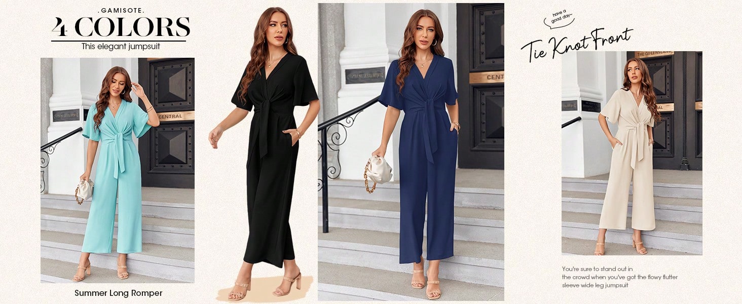 Larisa Women's Elegant V Neck Jumpsuit With Short Sleeves Wide Leg Long Pants For Dressy Casual Look