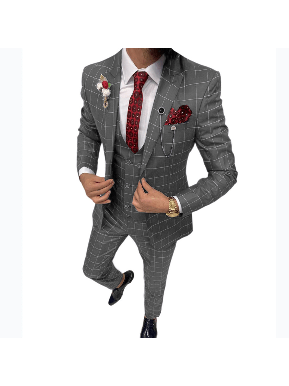 Mens Suit 3 Piece Suit Plaid Double Breasted Formal Business Wedding Prom Suit Male Groom, Blazer Vest Pant