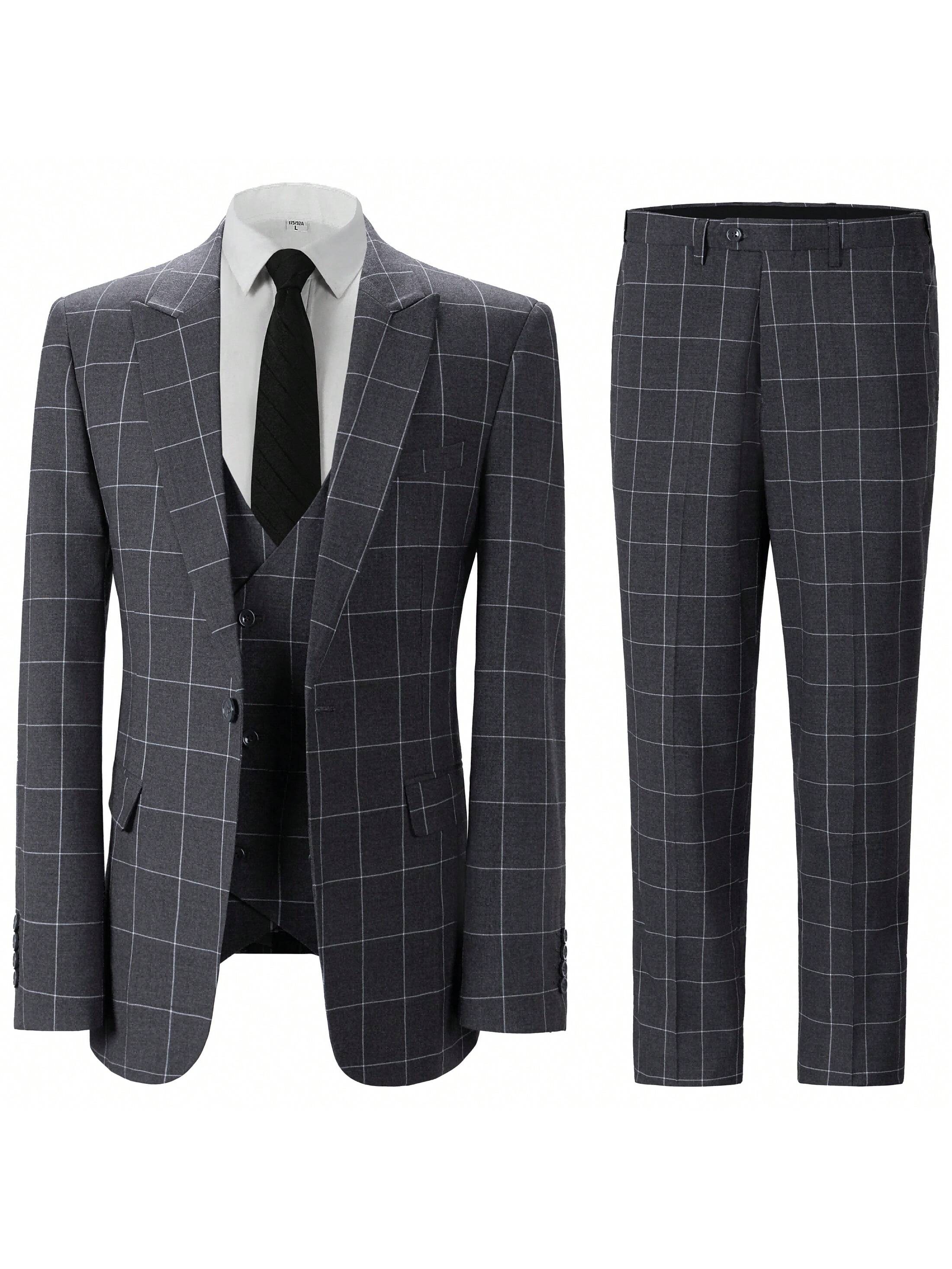 Mens Suit 3 Piece Suit Plaid Double Breasted Formal Business Wedding Prom Suit Male Groom, Blazer Vest Pant