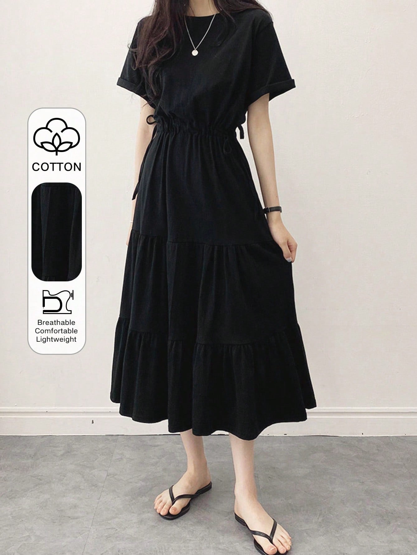 DAZY Solid Drawstring Waist Layered Hem Dress,Ladies Casual Drawstring,Ruffle Hem Short Sleeve Round Neck Regular Fit Long Black Cotton Roll Up Sleeve Plain A Line Women Long Dresses,Spring/Summer,Casual Daily Wear