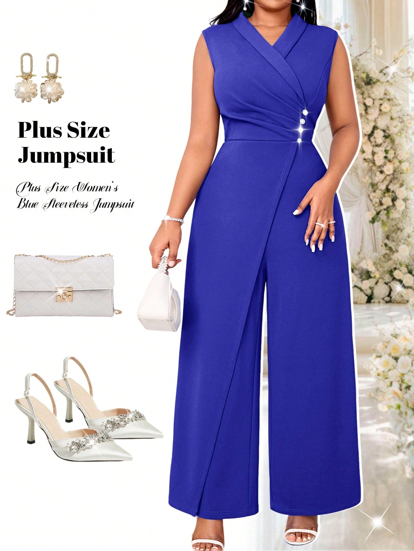 Lady Plus Size Women's Blue Sleeveless Wide Leg Jumpsuit With Cross Neck And Pearl Decor Concert Women Outfit Women Jumpsuit Four Seasons