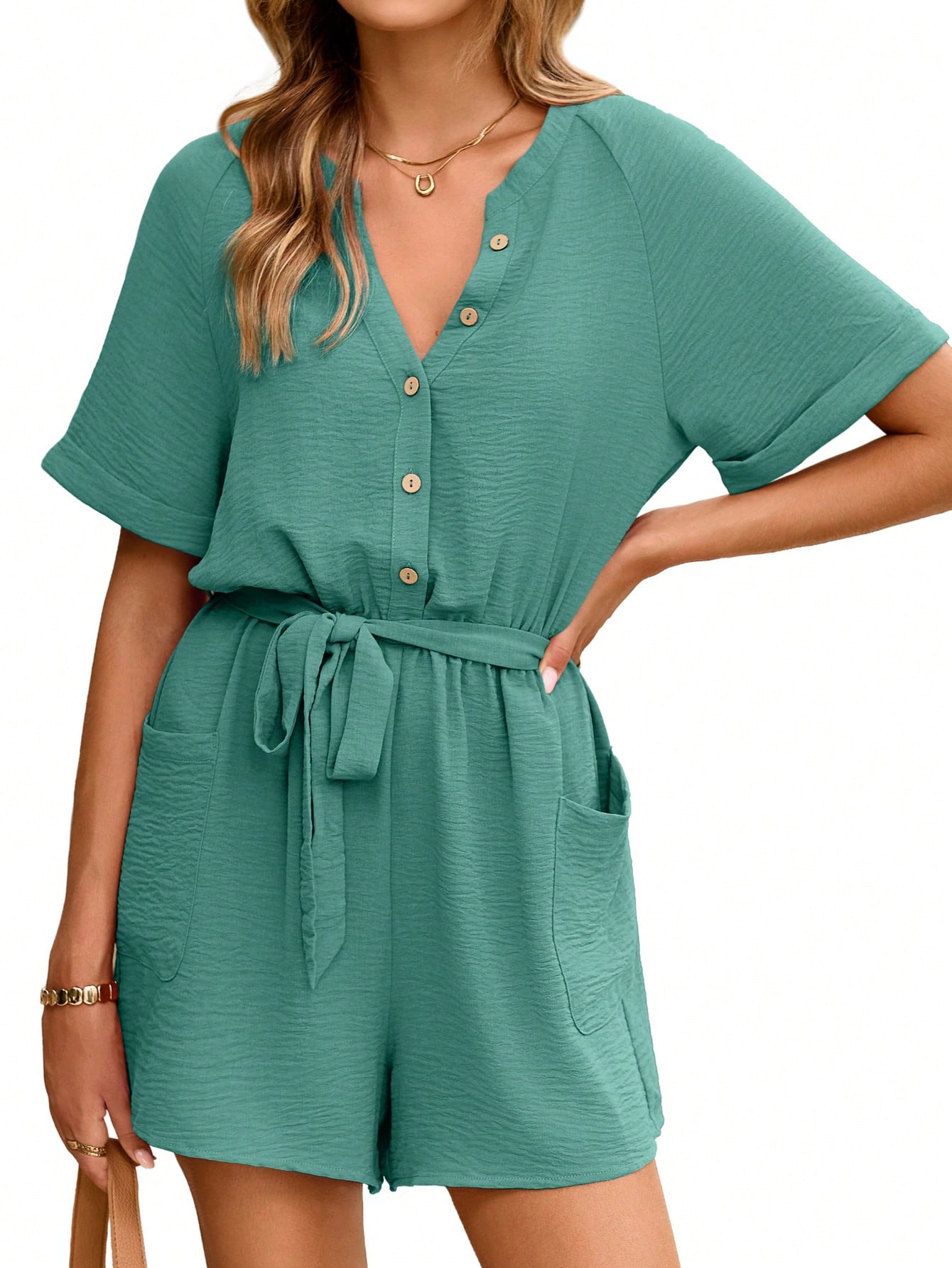 Simplee Summer Rompers Casual Jumpsuits For Women Short Sleeve V Neck Button Down Pockets Belted Waist Tie