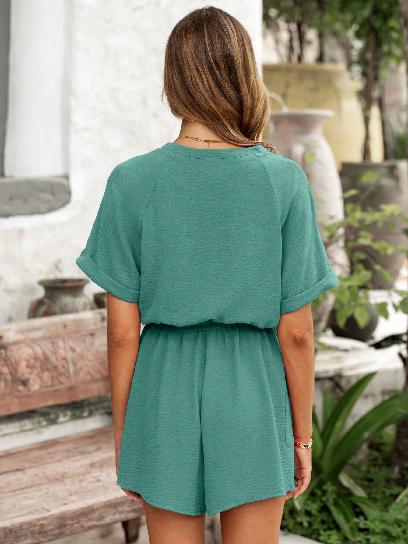 Simplee Summer Rompers Casual Jumpsuits For Women Short Sleeve V Neck Button Down Pockets Belted Waist Tie