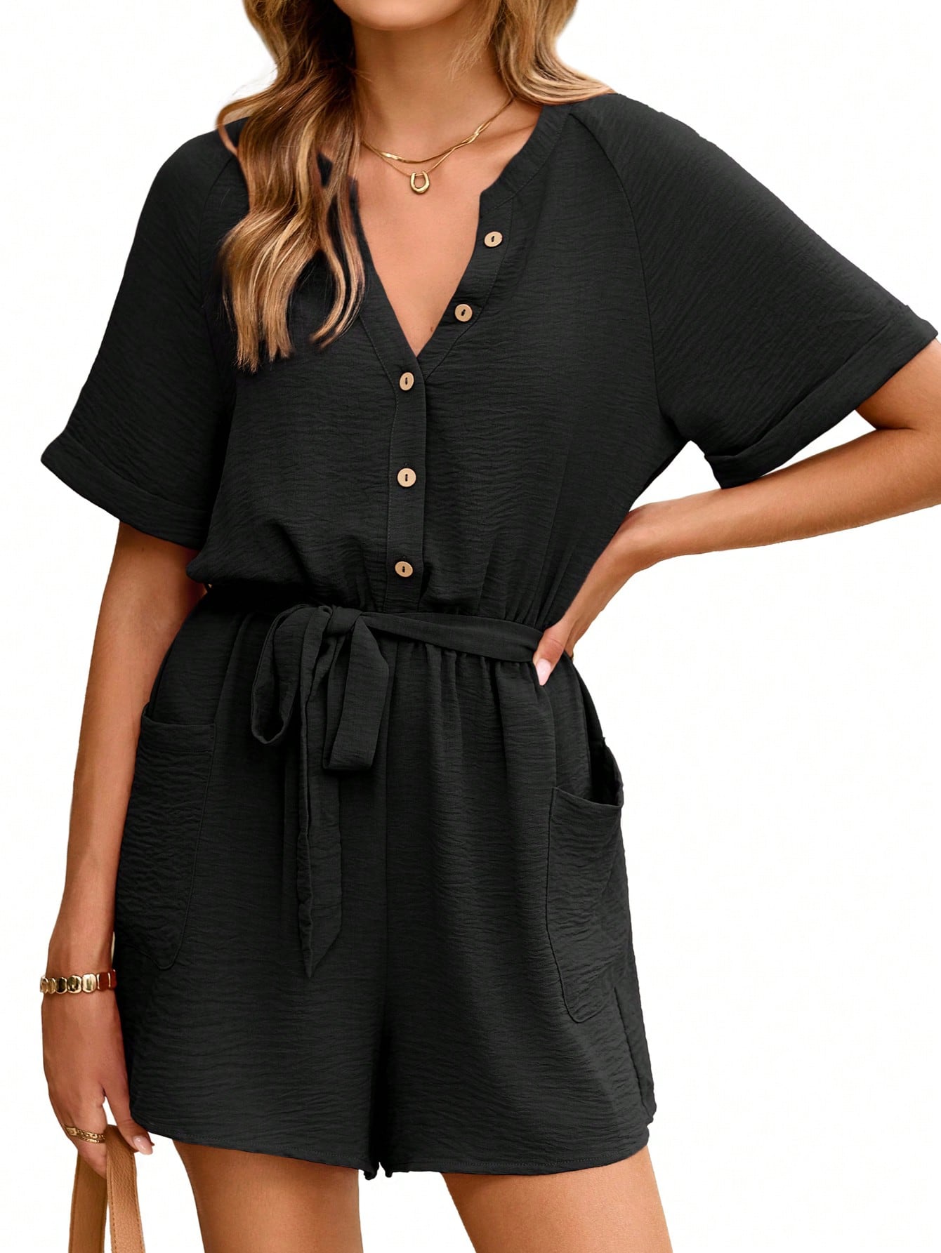 Simplee Summer Rompers Casual Jumpsuits For Women Short Sleeve V Neck Button Down Pockets Belted Waist Tie