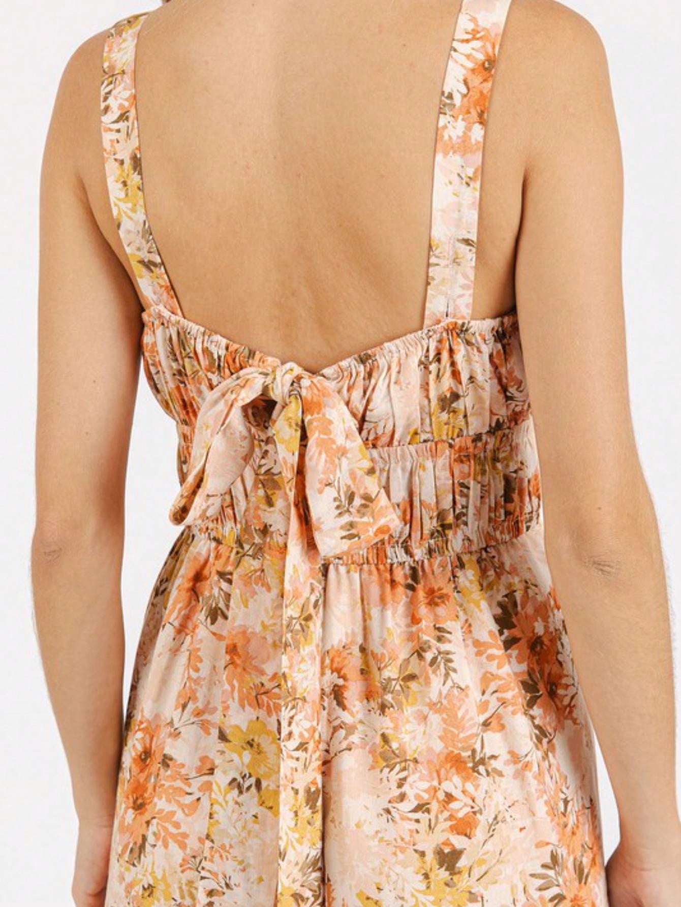 Womens Casual Floral Sundress Romantic Chic Bow Back Ruched Elastic Waist Summer Dress Peach Orange Yellow Floral Print Sleeveless Midi Length Square Neck Lightweight Breathable Perfect For Beach Vacation