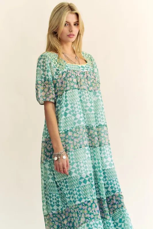 Davi & Dani Multi Floral Square Neck Puff Sleeve Maxi Dress