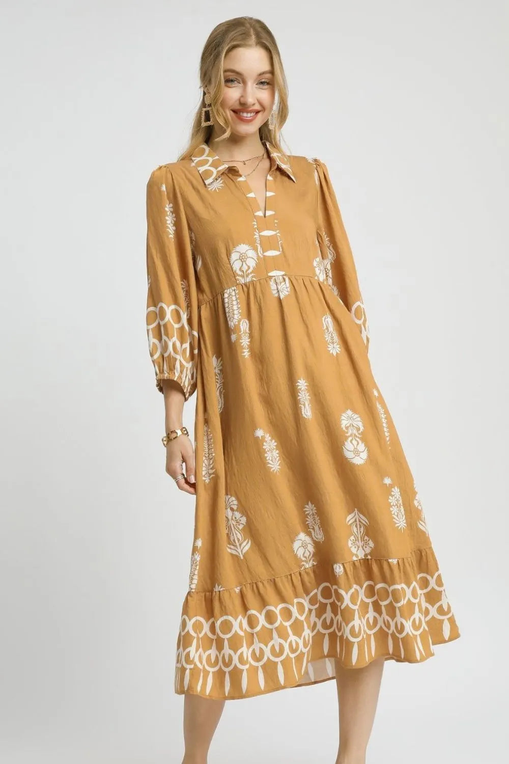 Umgee Ruffled Hem Printed Johnny Collar Midi Dress