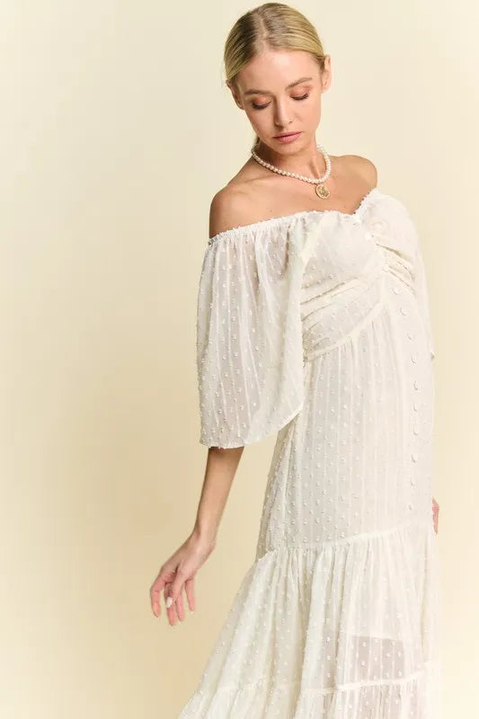 Davi & Dani Swiss Dotted Ruched Ruffle Open Back Midi Dress