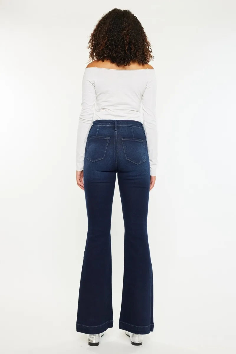 Kancan Button Fly High Rise Distressed Flare Jeans