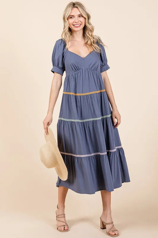 Lime 'N' Chili Trim Detail Puff Sleeve Tiered Maxi Dress