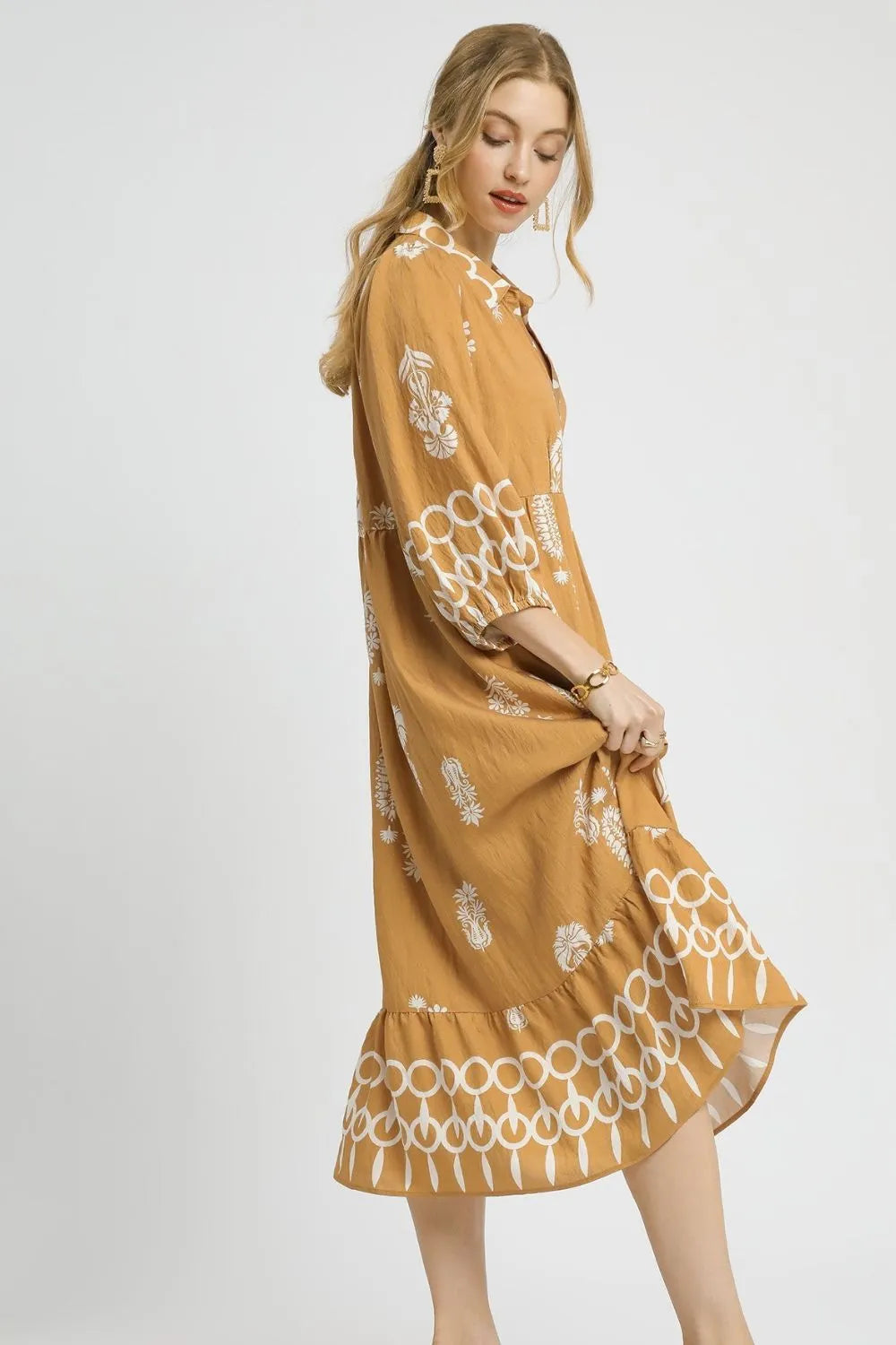 Umgee Ruffled Hem Printed Johnny Collar Midi Dress