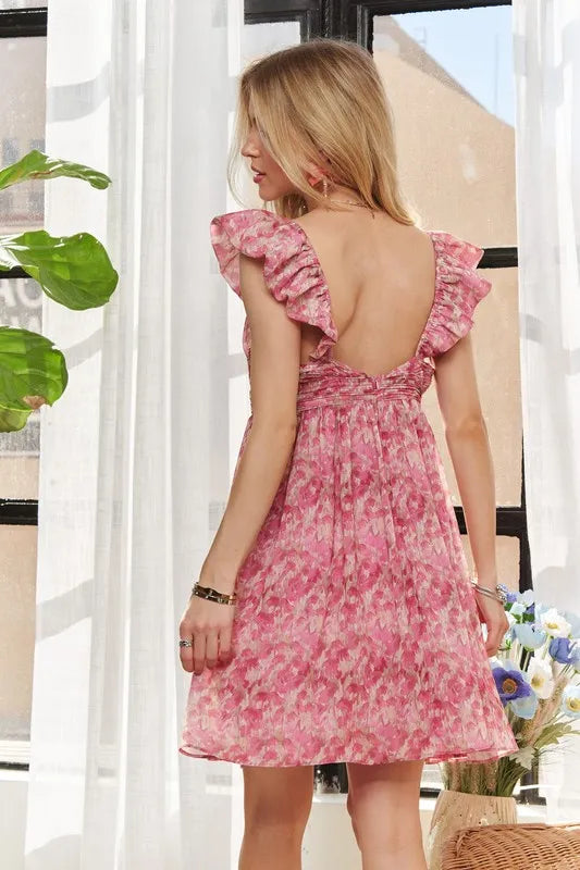 ADORA Watercolor Flower Shirred Tiered Ruffled Dress
