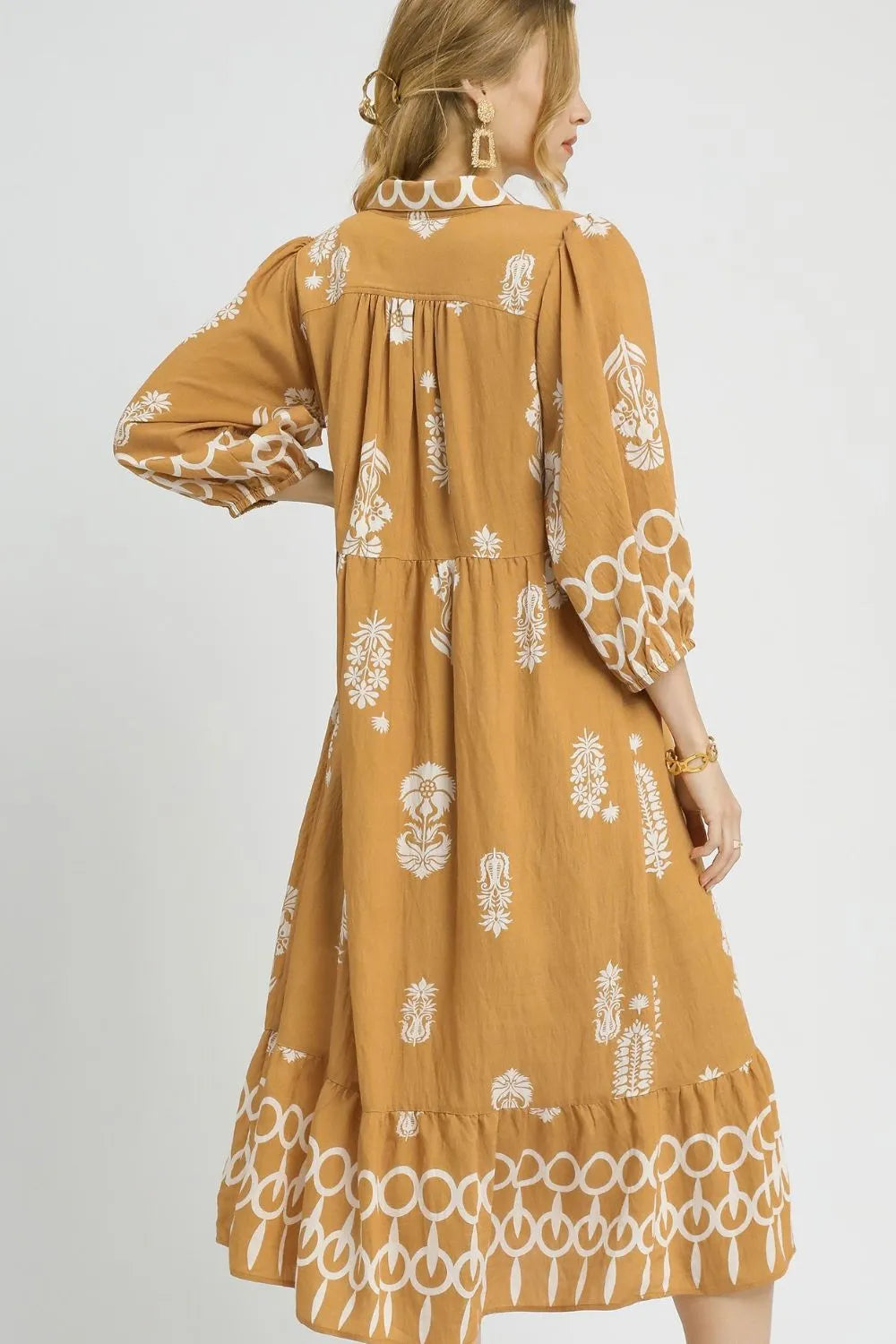 Umgee Ruffled Hem Printed Johnny Collar Midi Dress