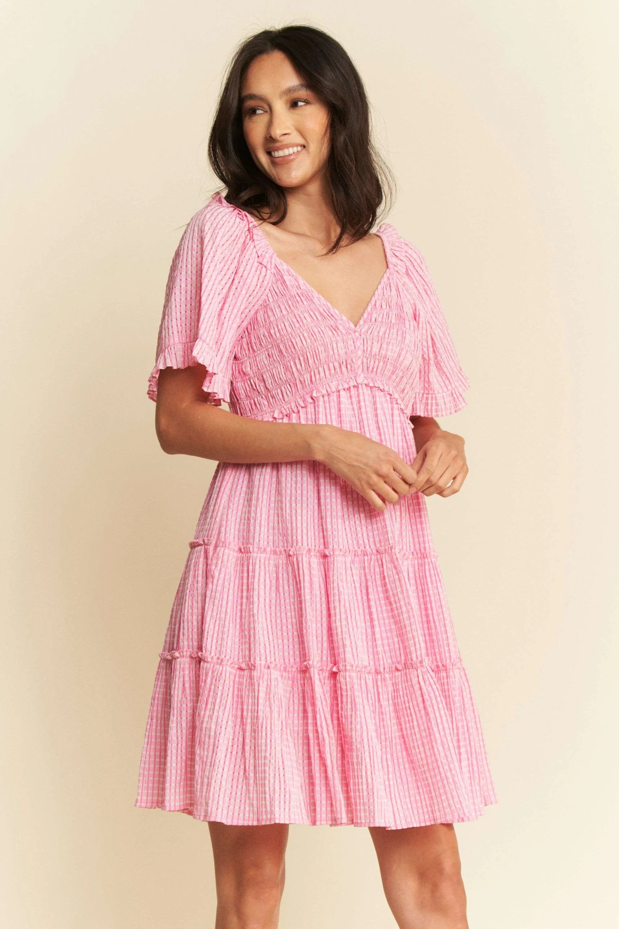 Davi & Dani Jacquard Checker Smocking Tiered Dress