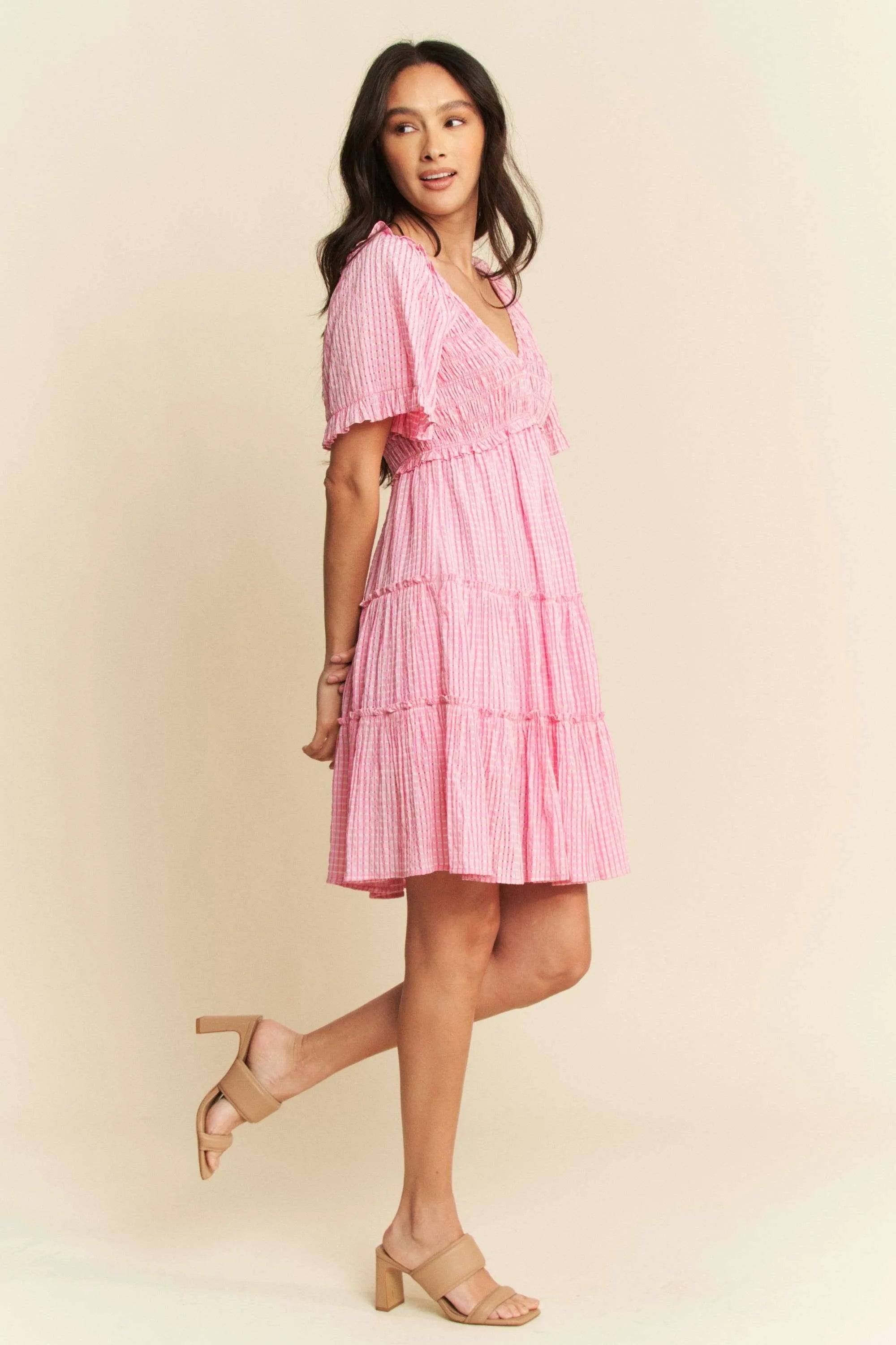 Davi & Dani Jacquard Checker Smocking Tiered Dress