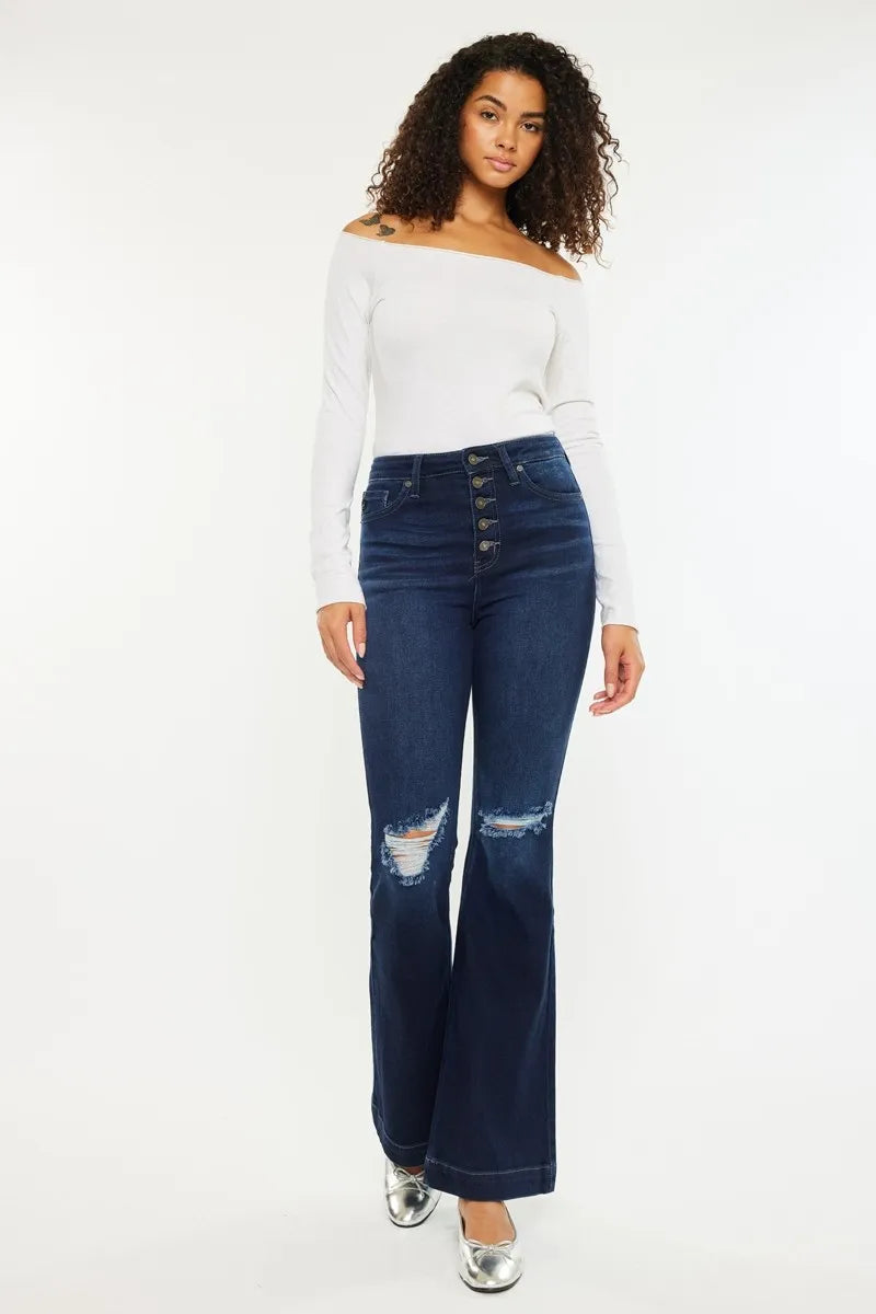 Kancan Button Fly High Rise Distressed Flare Jeans