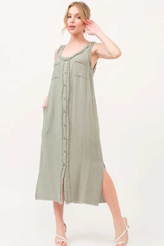 And The Why Washed Gauzed Patch Pocket Tank Midi Dress
