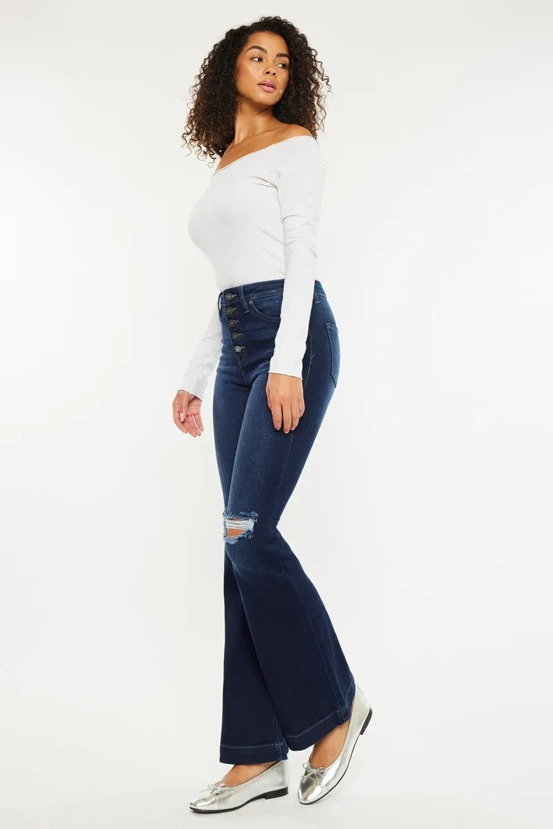Kancan Button Fly High Rise Distressed Flare Jeans