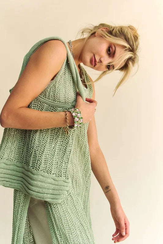 Davi & Dani Knit Side Slit Round Neck Sleeveless Dress & Bag
