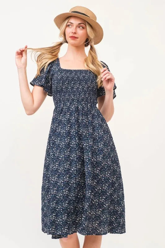 Lime 'N' Chili Smocked Floral Print Flutter Sleeve Midi Dress