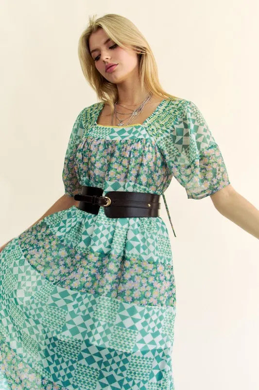Davi & Dani Multi Floral Square Neck Puff Sleeve Maxi Dress