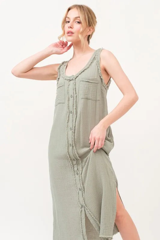 And The Why Washed Gauzed Patch Pocket Tank Midi Dress