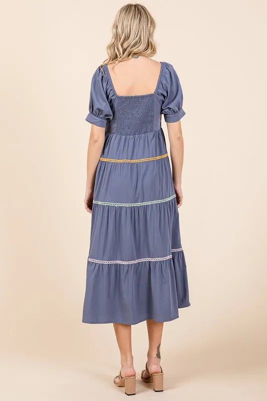Lime 'N' Chili Trim Detail Puff Sleeve Tiered Maxi Dress