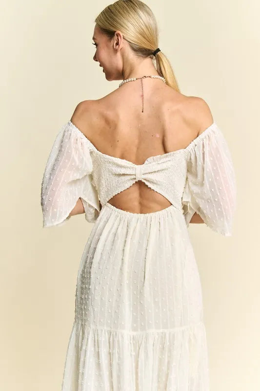 Davi & Dani Swiss Dotted Ruched Ruffle Open Back Midi Dress