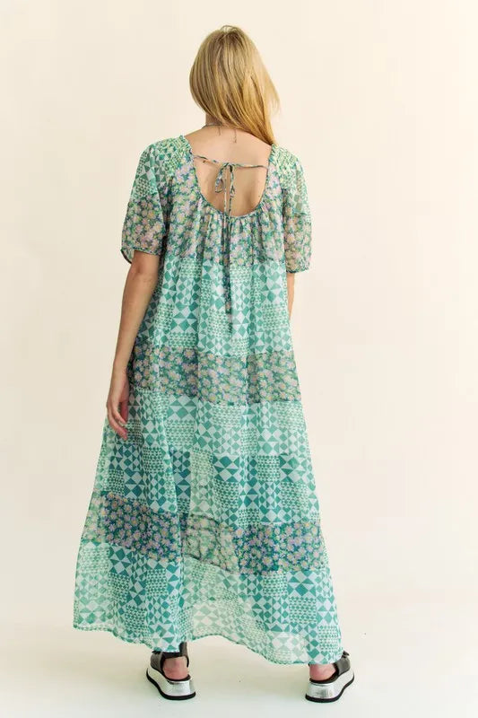 Davi & Dani Multi Floral Square Neck Puff Sleeve Maxi Dress