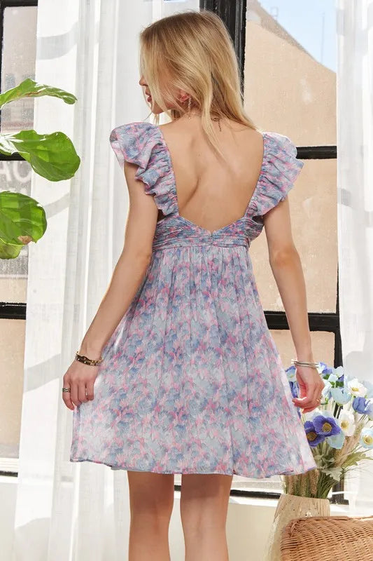 ADORA Watercolor Flower Shirred Tiered Ruffled Dress