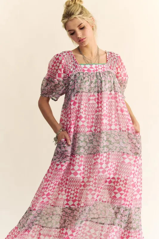 Davi & Dani Multi Floral Square Neck Puff Sleeve Maxi Dress