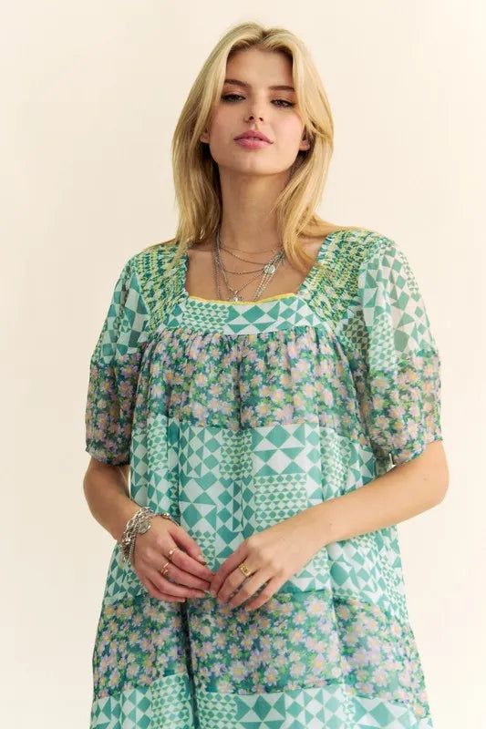 Davi & Dani Multi Floral Square Neck Puff Sleeve Maxi Dress