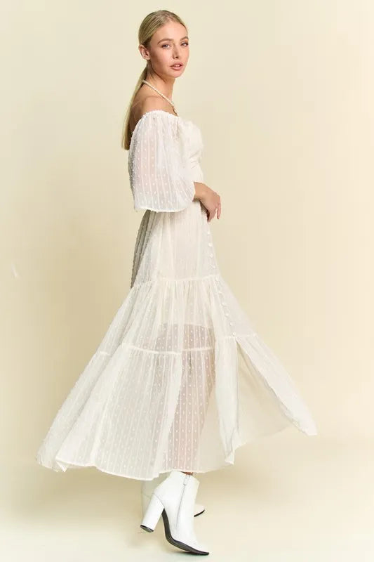Davi & Dani Swiss Dotted Ruched Ruffle Open Back Midi Dress