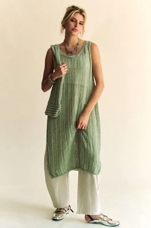 Davi & Dani Knit Side Slit Round Neck Sleeveless Dress & Bag