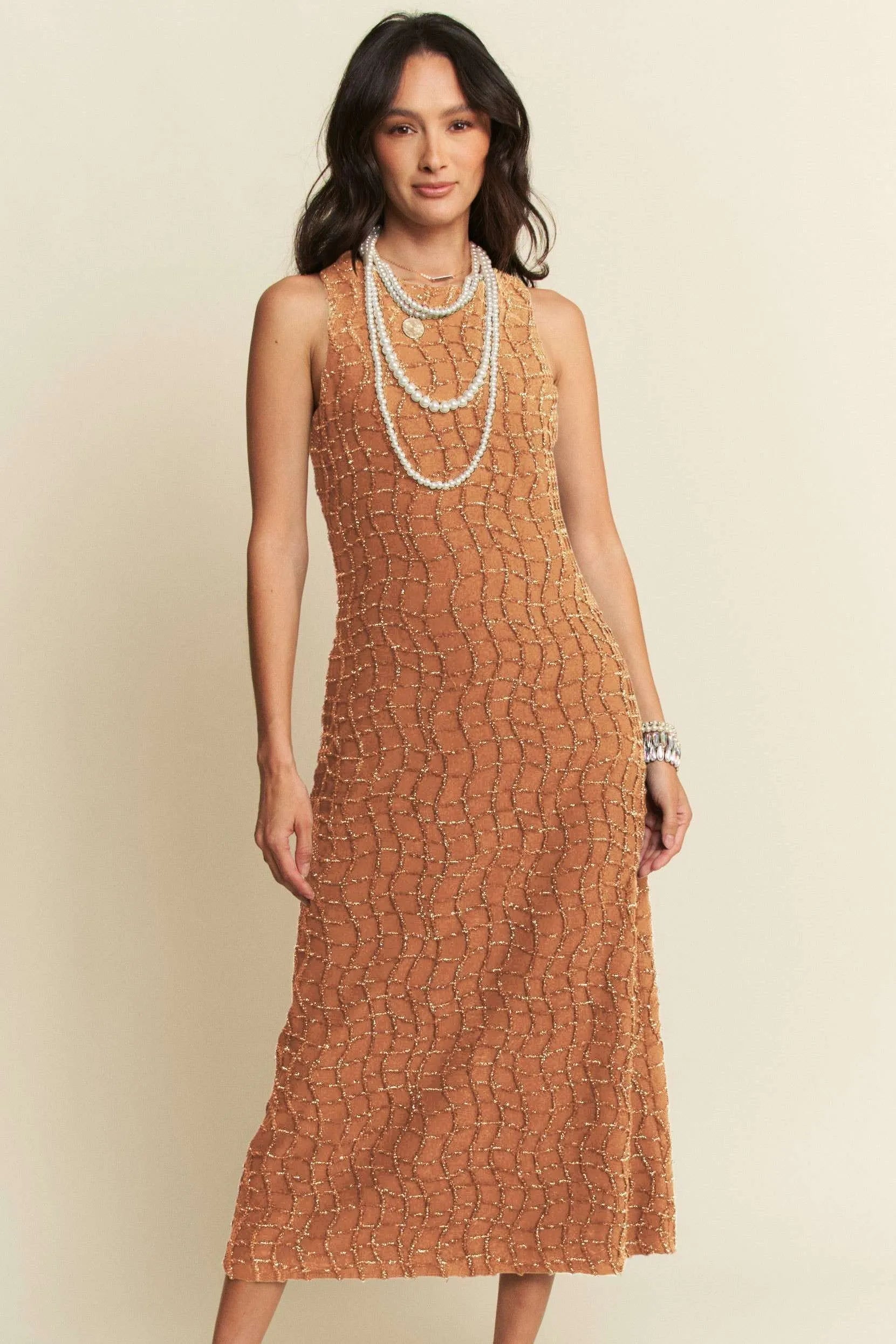 Davi & Dani Golden Textured Zippered Midi Dress