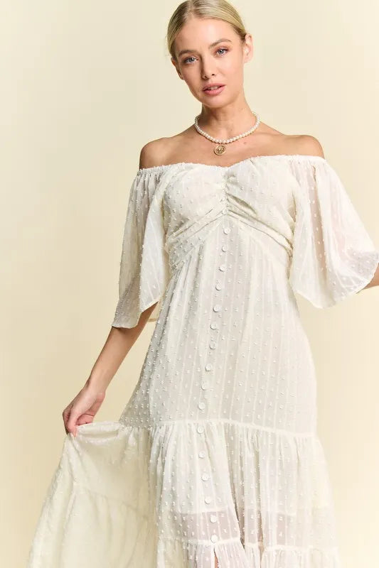 Davi & Dani Swiss Dotted Ruched Ruffle Open Back Midi Dress