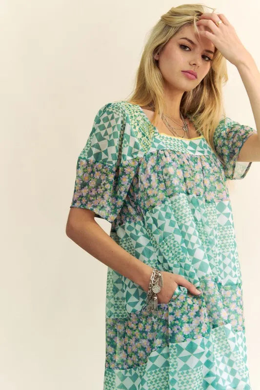 Davi & Dani Multi Floral Square Neck Puff Sleeve Maxi Dress